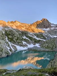 Scenic view of lake and mountains against clear sky