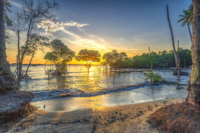 Scenic view of beach against sky during sunset