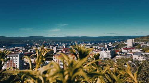 High angle shot of townscape against sky