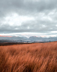 Scenic view of field against cloudy sky