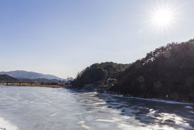 Scenic view of snow covered mountains against clear sky