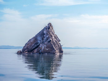 Reflection. lonely rock is peeping out of the water and seagulls are flying over the water.