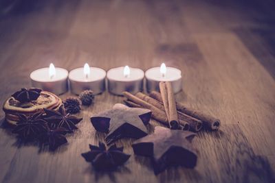 High angle view of christmas decorations on table