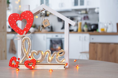 Close-up of christmas decorations on table