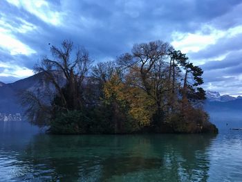 Scenic view of lake by trees against sky