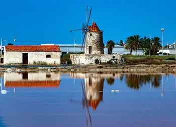 Reflection of building in water against clear blue sky