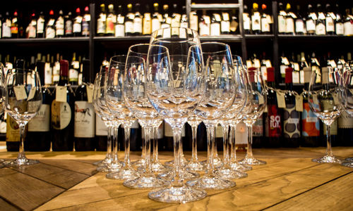 Wine bottles on table