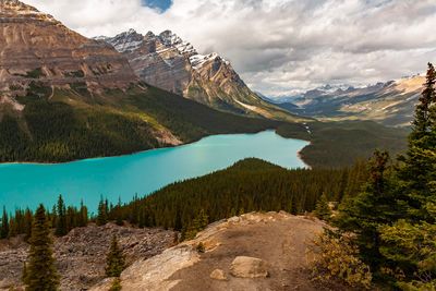 Scenic view of lake and mountains against sky