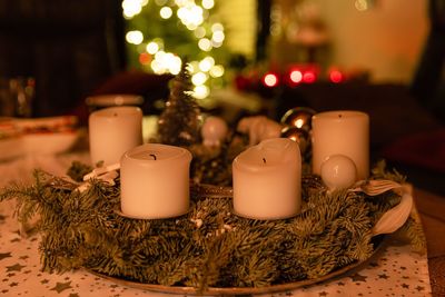 Close-up of christmas decorations on table