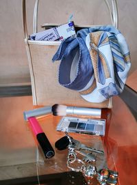 High angle view of camera on table at home