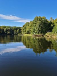 Scenic view of lake against blue sky