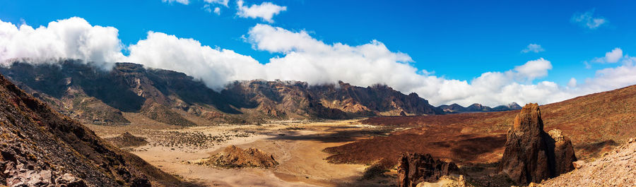 Panoramic view of mountains against cloudy sky