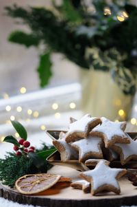 Close-up of christmas decorations on table