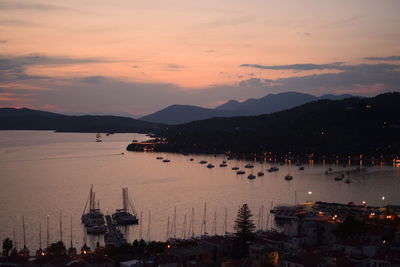 High angle view of sea against sky at sunset