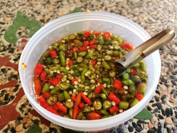 High angle view of salad in bowl on table