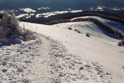 Scenic view of snow covered land against sky