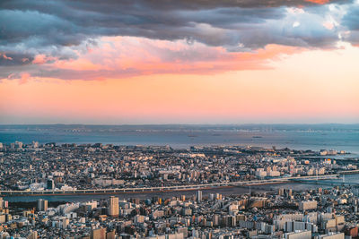 High angle view of townscape against sky during sunset