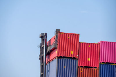 Low angle view of red building against clear blue sky