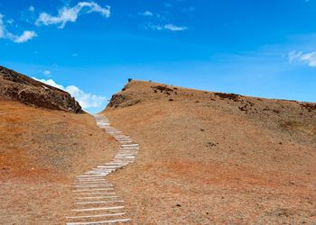 Low angle view of mountain against blue sky