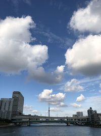 Modern buildings by sea against sky