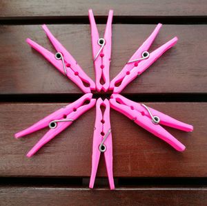 Directly above shot of pink clothespins on table