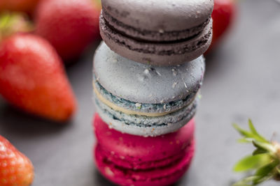 Close-up of stacked macaroons on table