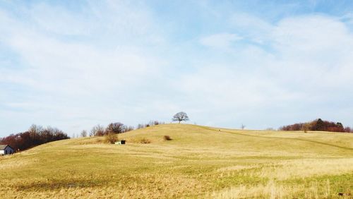 Scenic view of grassy field against cloudy sky