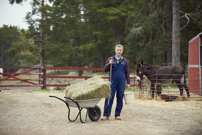 Portrait of farmer holding bucket and pitchfork while standing by wheelbarrow in farm