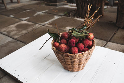 High angle view of strawberries in basket on table