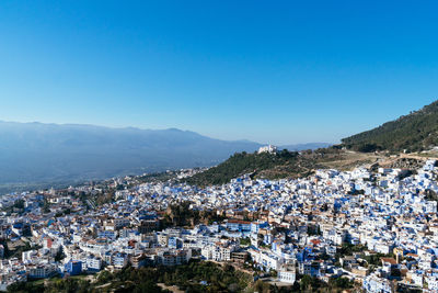 Blue town under blue sky, chefchaouen, morocco.