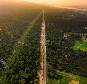 High angle view of townscape against sky during sunset