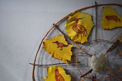 High angle view of multi colored leaves on wall