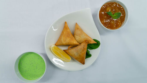 High angle view of breakfast on table