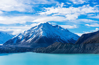 Scenic view of frozen lake against mountain range