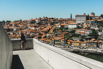 High angle view of cityscape against clear sky