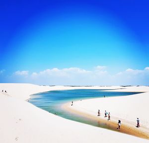 Group of people at beach against clear blue sky