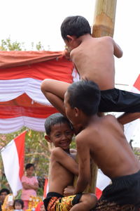 High angle view of father with son