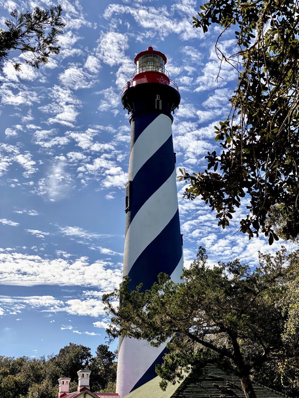 LOW ANGLE VIEW OF LIGHTHOUSE AGAINST SKY AND BUILDINGS