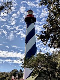 Low angle view of lighthouse by building against sky