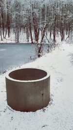 Snow covered bare trees on shore