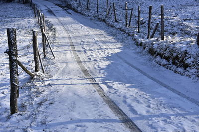 Snow covered road amidst trees