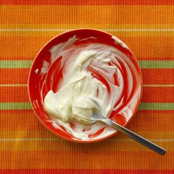 Directly above shot of cream in bowl