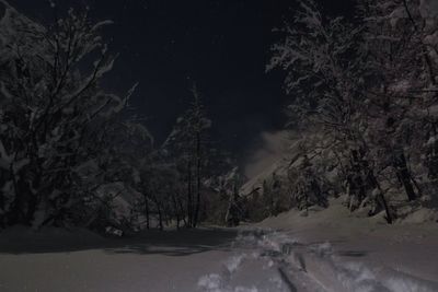 Scenic view of snow covered land against sky at night