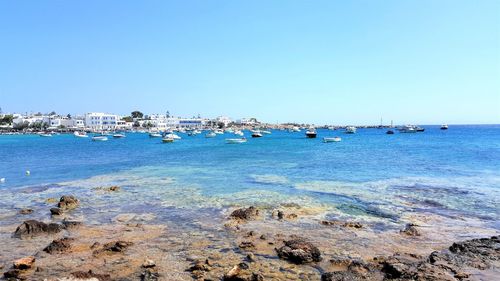Scenic view of sea against clear blue sky