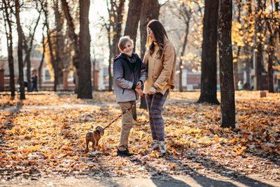 Autumn walks with the family. happy family mother and teen boy son having fun with cocker spaniel