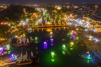 High angle view of illuminated city at night