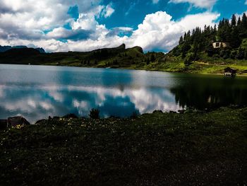 Scenic view of lake against cloudy sky