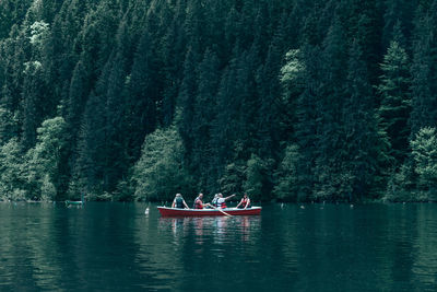 People on boat in lake against trees in forest