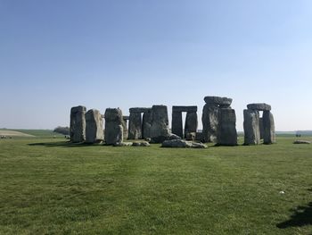 Old ruins on field against clear sky,  stonehenge 