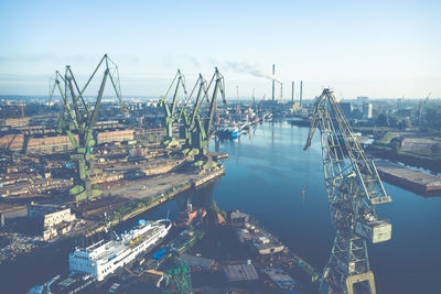 Panoramic view of harbor against sky